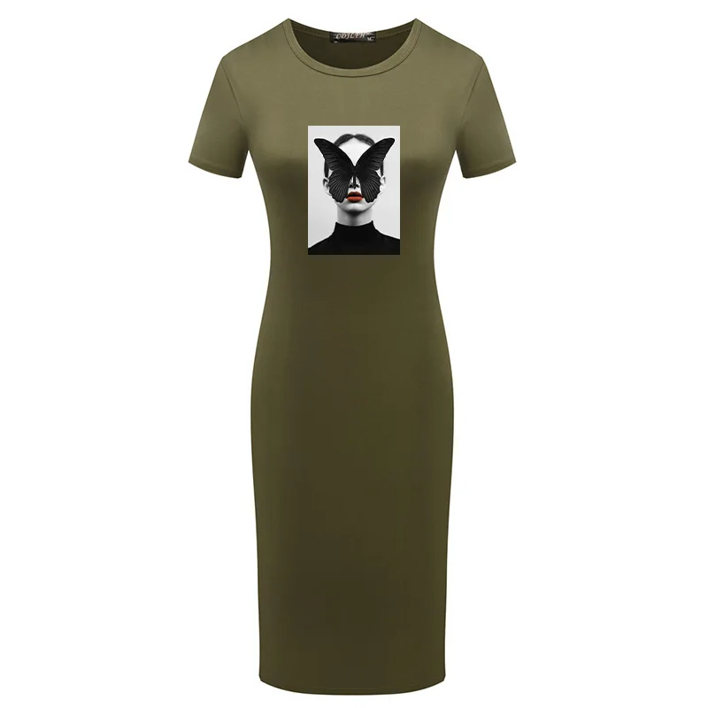 

Summer Pencil Dress Women O Neck Butterfly Art Girl Print Casual Fitted Stretchy Short Sleeve Party T Shirt Dresses Women Robe