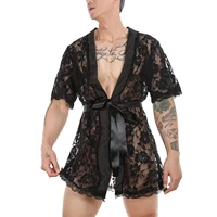 mens nightgown set sexy lace transparent bathrobe home suit bath robe perspective temptation nightgown robe de chambre g4