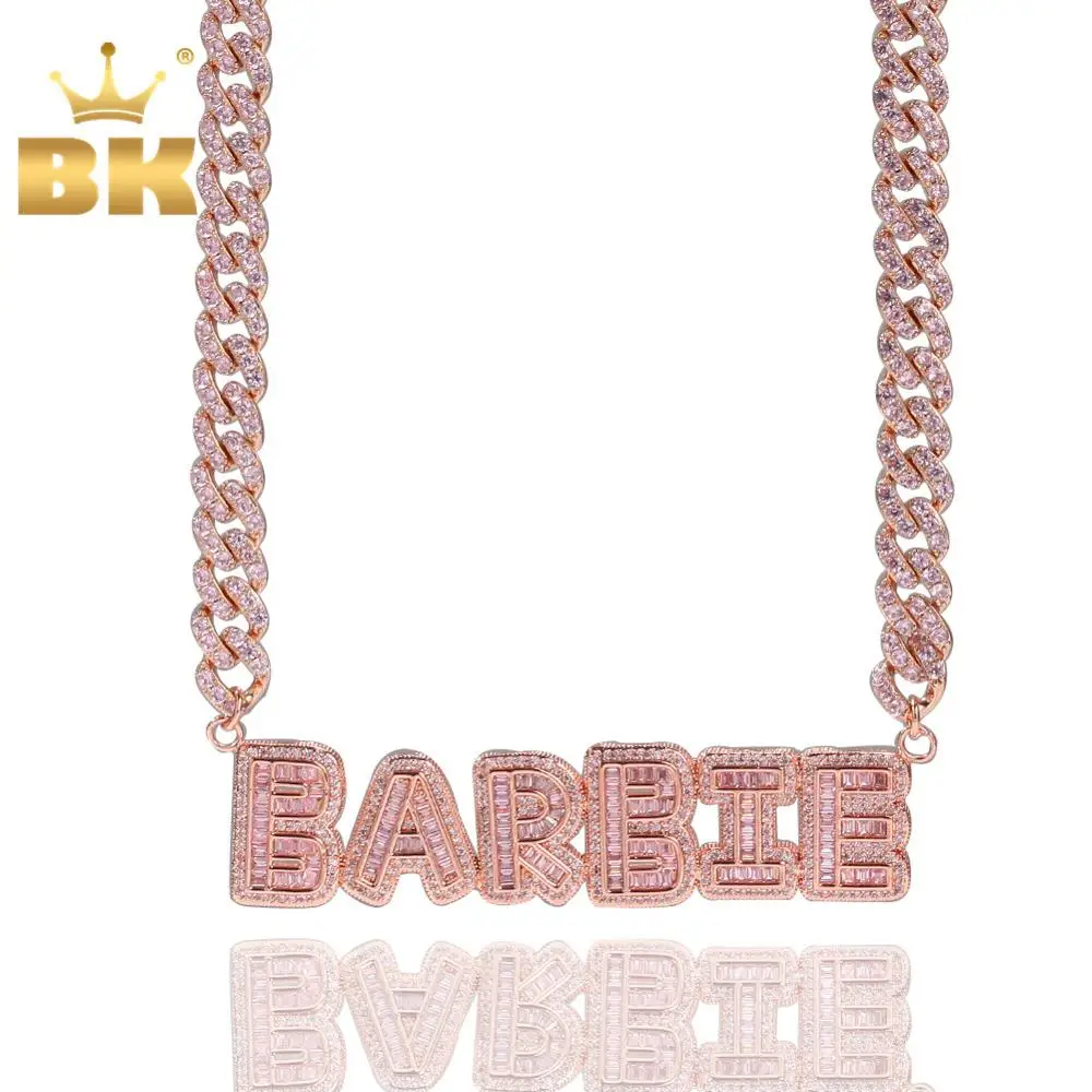 Colgante de letra inicial de Baguette, collar de eslabones cubanos de 9mm, combinación de circonia cúbica, joyería de nombre, oro rosa
