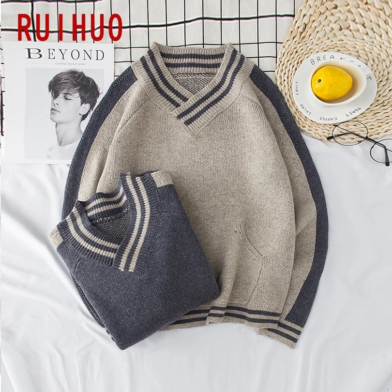 

Свитер RUIHUO мужской вязаный с V-образным вырезом, свитер в стиле Харадзюку, пуловер, модная одежда, M-3XL 2021