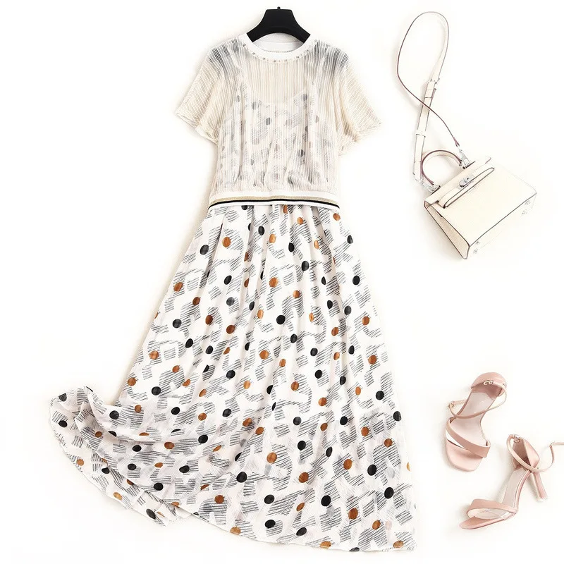 

Women 2020 Spring Summer Retro Strap Dress Two Piece Set Female Beading Perspective Top And A-Line Dresses New Fashion 2PCS Suit