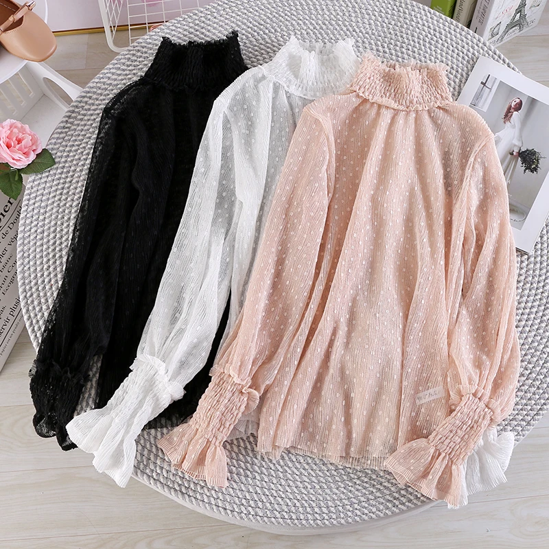 Женская кружевная блузка в горошек с расклешенными рукавами и оборками|Блузки| |