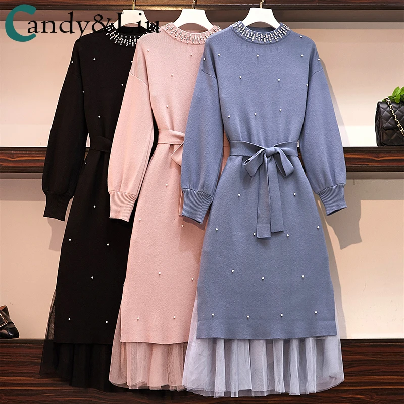 

Large women's dress 2020 autumn new fat sister fashion style knitted sweater mesh skirt two piece set