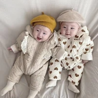 new fashion heart print baby girl warm romper long sleeve infant thicken cotton clothes cherry print princess girl lace jumpsuit
