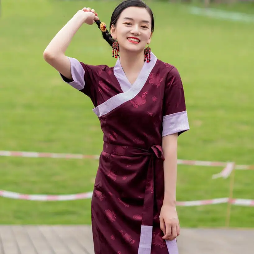 Тибетское платье с коротким рукавом женская летняя одежда шелковое в этническом