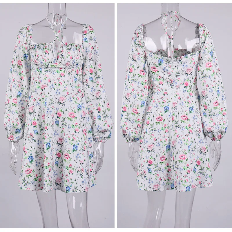 

2021 New Fall European Hot Women's Square Collar Halter Puff Sleeve Flora Mini Dress Ladies Fashion Sexyl A- Line Short Dress