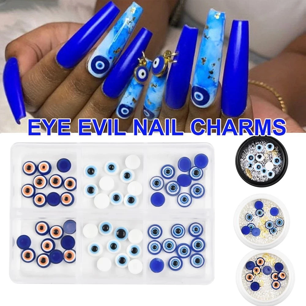 

1 Box 3D Evil Eye Beads Nail Charm 3D Art Nail Tips Decor Resin Moon Beads Kawaii Nail Charms Fashion Nail Design Ins2022 Trendy