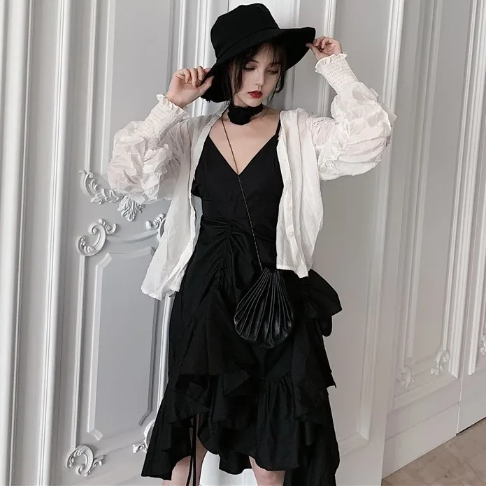 Сексуальное черное женское платье на шнуровке летнее праздничное бретельках с v