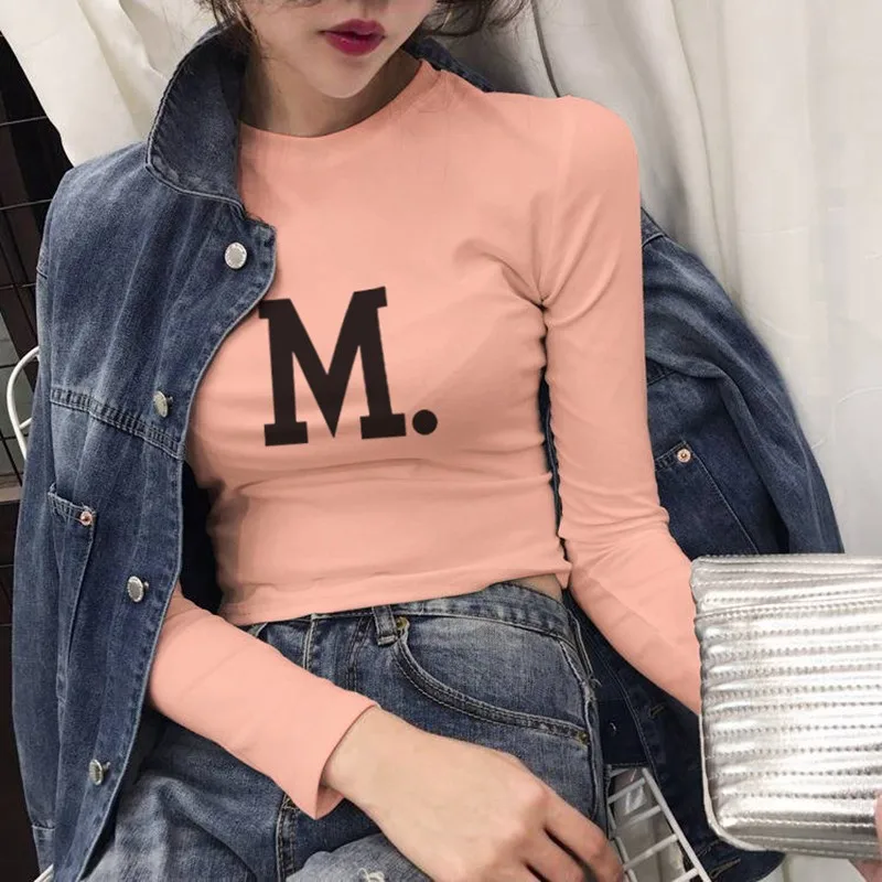 

Harajuku Top Long-Sleeved Turtleneck T-Shirt Korean Fashion Style Letter Printed Tees Female Kawaii Autumn Sexy T-shirt tshirt