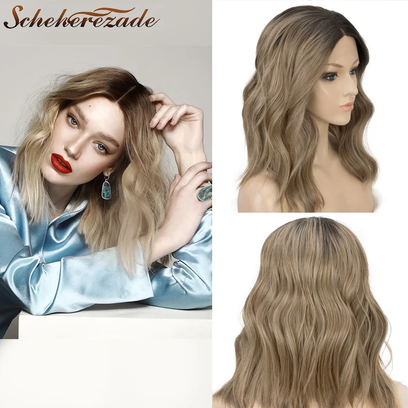 Blonde Lace Front Wig Synthetic Brown Bob Wavy Wig For Women Ombre Lace Front Wigs Heat Resistant 13*3 Cosplay Wigs Scheherezade