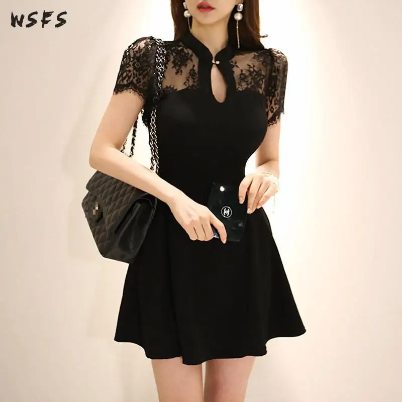 Летние платья черное кружевное женское платье с коротким рукавом прозрачное