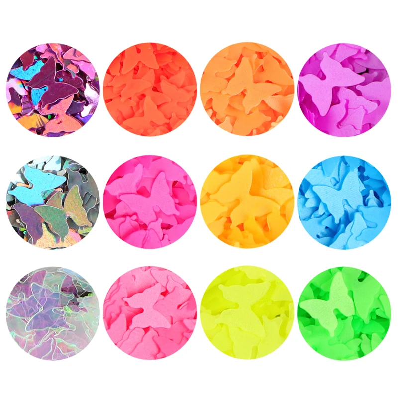 Неоновые Блестки для ногтей в форме бабочки/сердца 3D тонкие кленовые хлопья