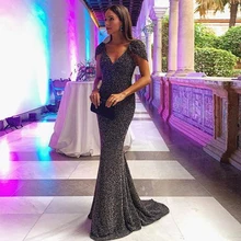 Vestido de fiesta Formal para mujer, bordado de sirena con escote en V profundo, manga larga, color negro, con lentejuelas, cremallera, 2022 (1)
