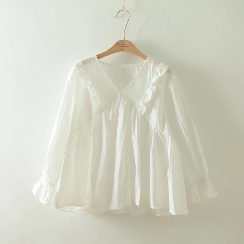 Лолита v-образный вырез Футболка отбеленный хлопок 100% Рубашка в стиле mori girl |