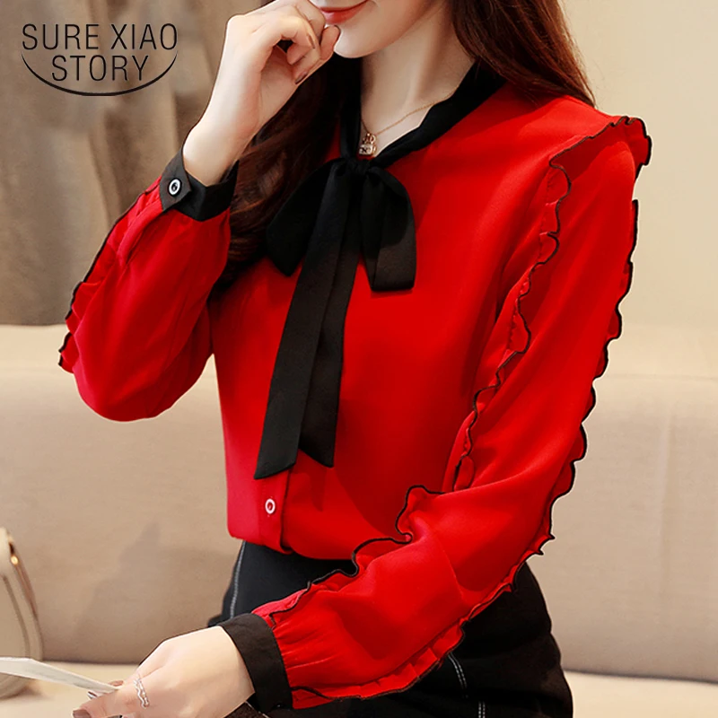

Fashion Womens Tops and Blouses 2022 Red Chiffon Blouse Shirt Long Sleeve Women Shirts Ruffles Bow Collar Female Tops 1318 40