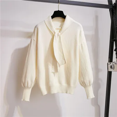 Only Sweater Вязаный пуловер; топы и шерстяные шорты; Женский комплект 2 шт.; сезон осень-зима; свитер с рукавами-фонариками и бантом; костюм со штанами; свободный пояс - Цвет: Only Sweater
