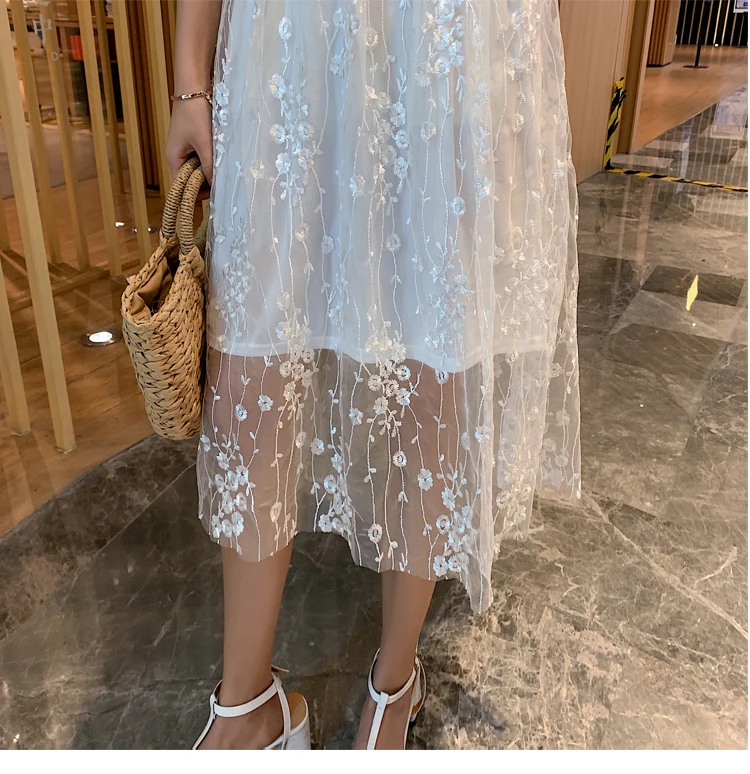 Летнее женское фатиновое платье с коротким рукавом милое кружевное вышивкой