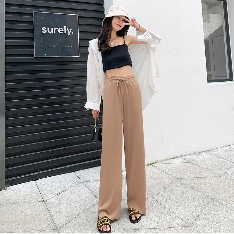 

Ice silk wide leg pants women's summer thin 2021 new high waistline Black Loose straight mop casual pants