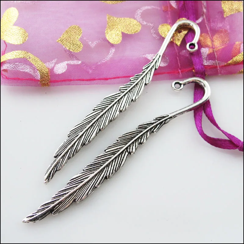 Модные тибетские серебряные перья 5 шт. закладки с петлей соединители 13x80 мм