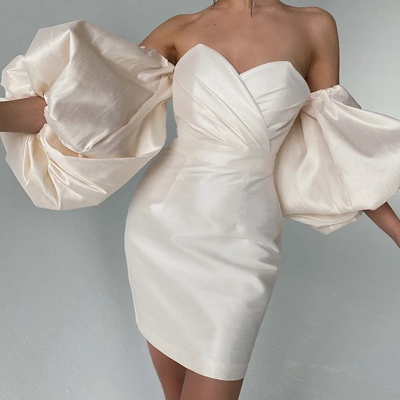 

InstaHot Elegant Party Women Dress 2021 Lantern Sleeve Evening Off Shoulder Slim Bodycon Solid Satin Mini Dress Office Ladies