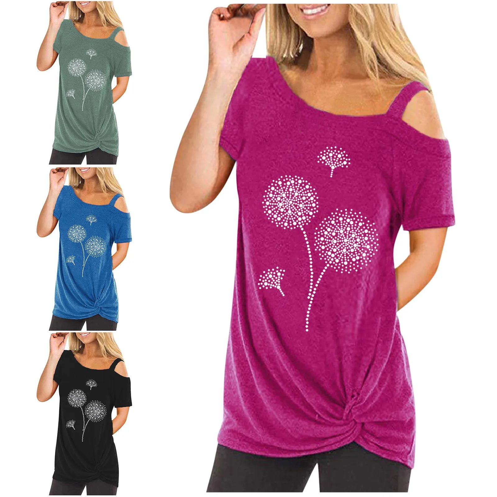 

Модная блузка с цветочным принтом, рубашка, пикантные топы с открытыми плечами, футболка, летние повседневные женские топы, женские блузы с ...