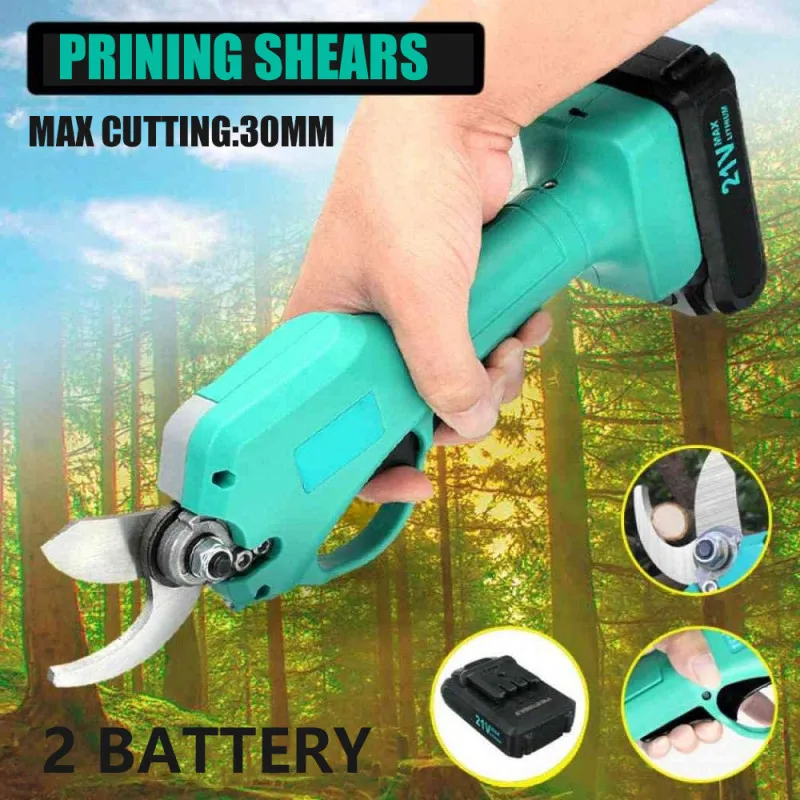 Cordless Electric Pruning Shears Trimmer 25mm Branch Cutter with 2 Backup Rechargeable Battery Garden Fruit Tree Bushes Trimmer
