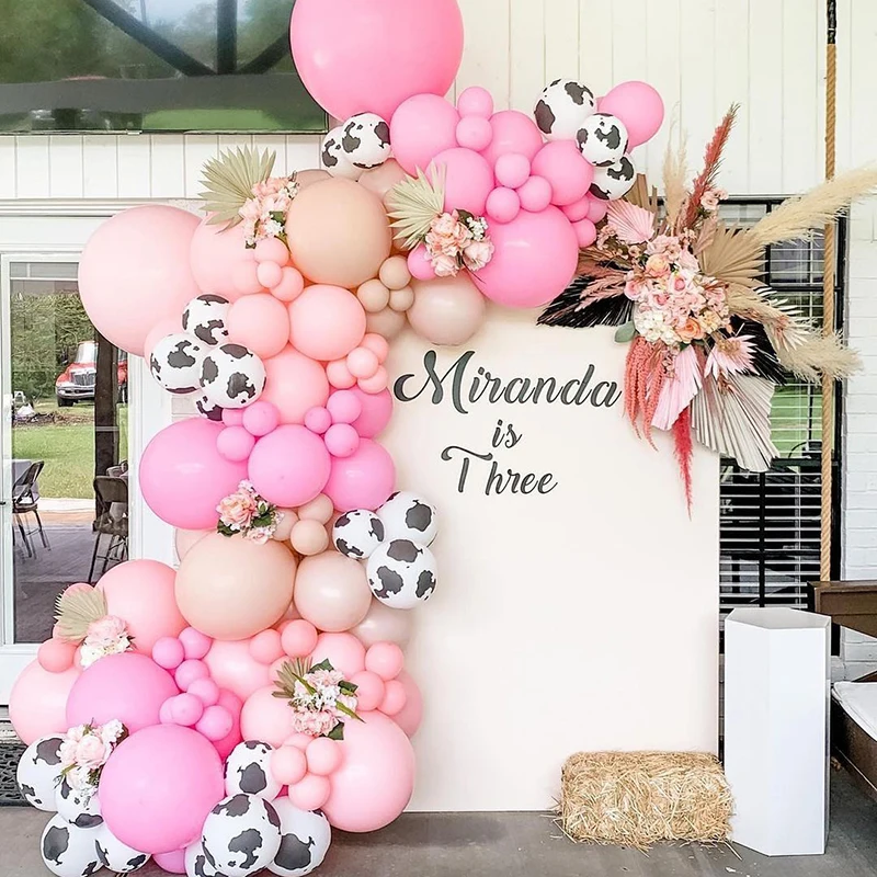 

YAYAZI 131pcs Matte Pink and Milk Cow Pattern Balloons Garden Arch Kit for Children Birthday Party Baby Shower Global Supplies