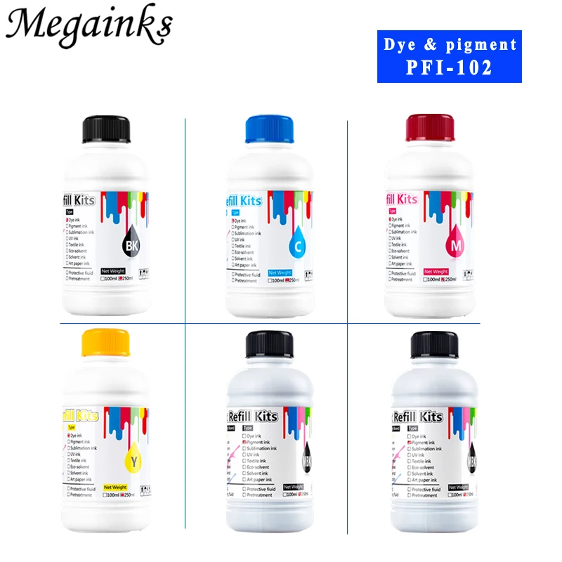 

250ML for Canon PFI102 PFI 102 dye ink and pigment ink for Canon IPF 500 510 600 610 700 710 605 650 655 750 755 760 765 printer