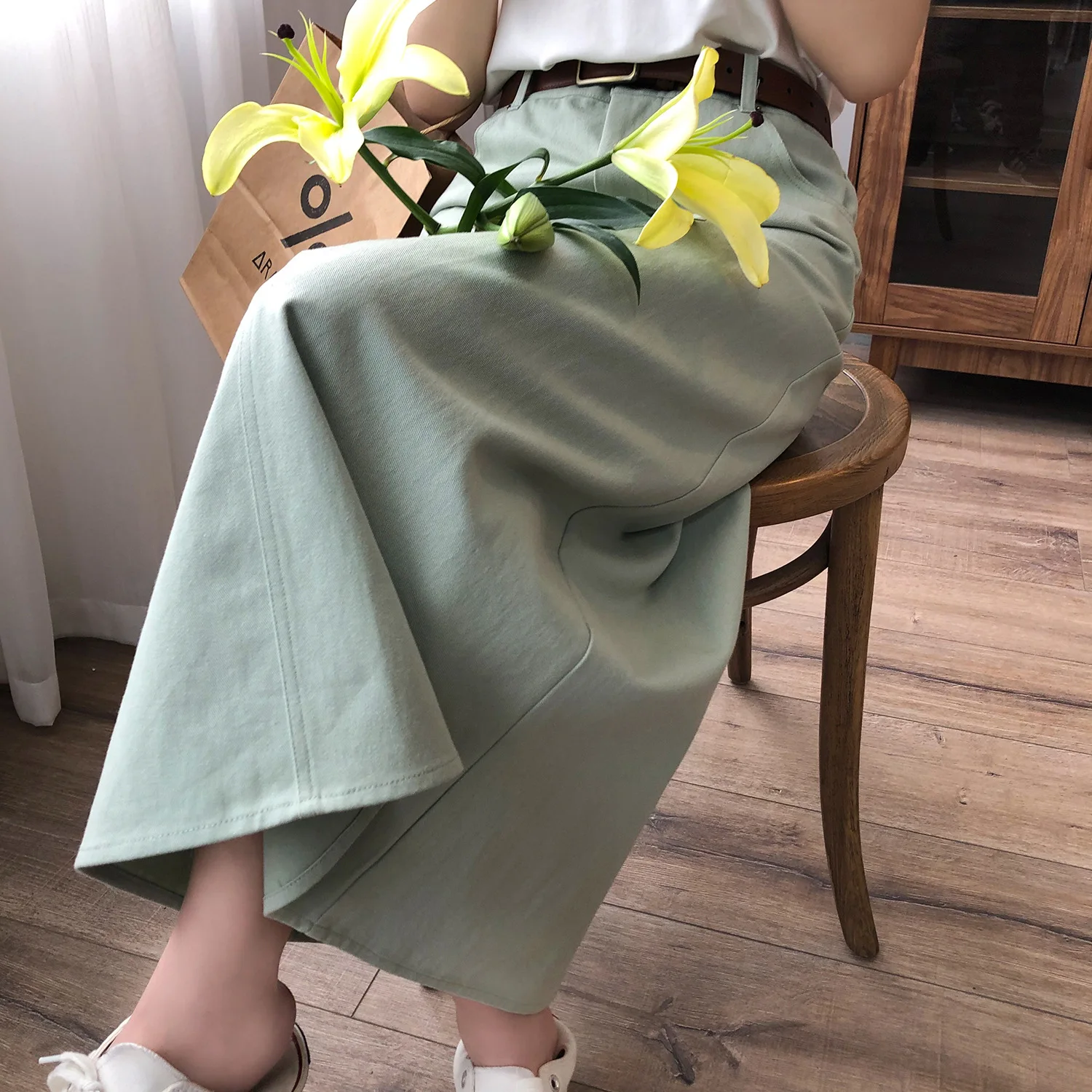 

Simple Denim Beige Cotton Skirt Women's Casual Summer New High Waist Slim A-line Split Hip Long Solid Skirt with Pockets 9563