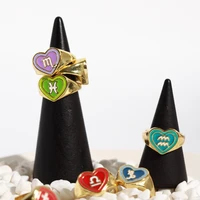 cute enamel zodiac rings for women girls colorful 12 constellations finger accessories gold plated open cuff ring