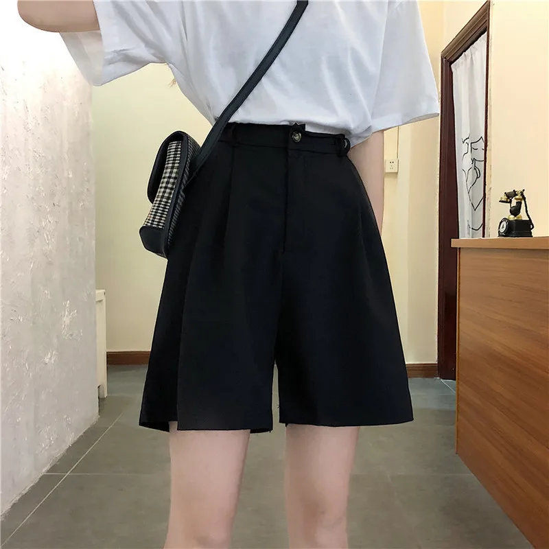 

ZAWAHIKI Vintage Korean High Waist Student Loose Shorts for Women 2021 Spring Straight Causal Elegant Solid Femme Pantalon