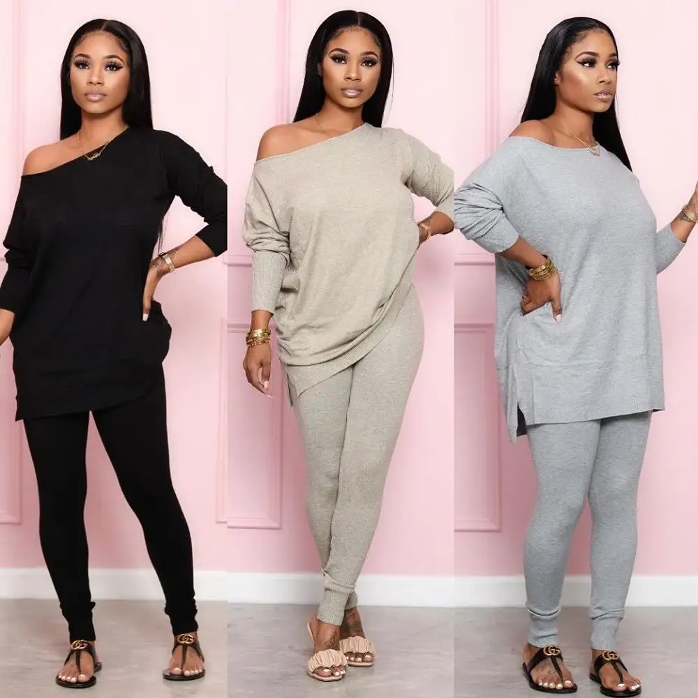

Women 2 Piece Outfits Long Sleeve Off Shoulder Top Pant Sweatpants Casual Streetwear Autumn Long Sleeve Pure Stacked Legging
