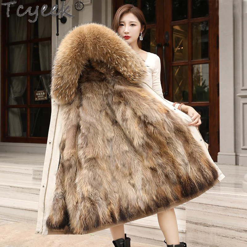 

Tcyeek Hooded Warm Thick Rex Rabbit Fur Liner Jacket Women Winter 2021 Raccoon Fur Collar Female Parkas Casaco Feminino Gxy1064