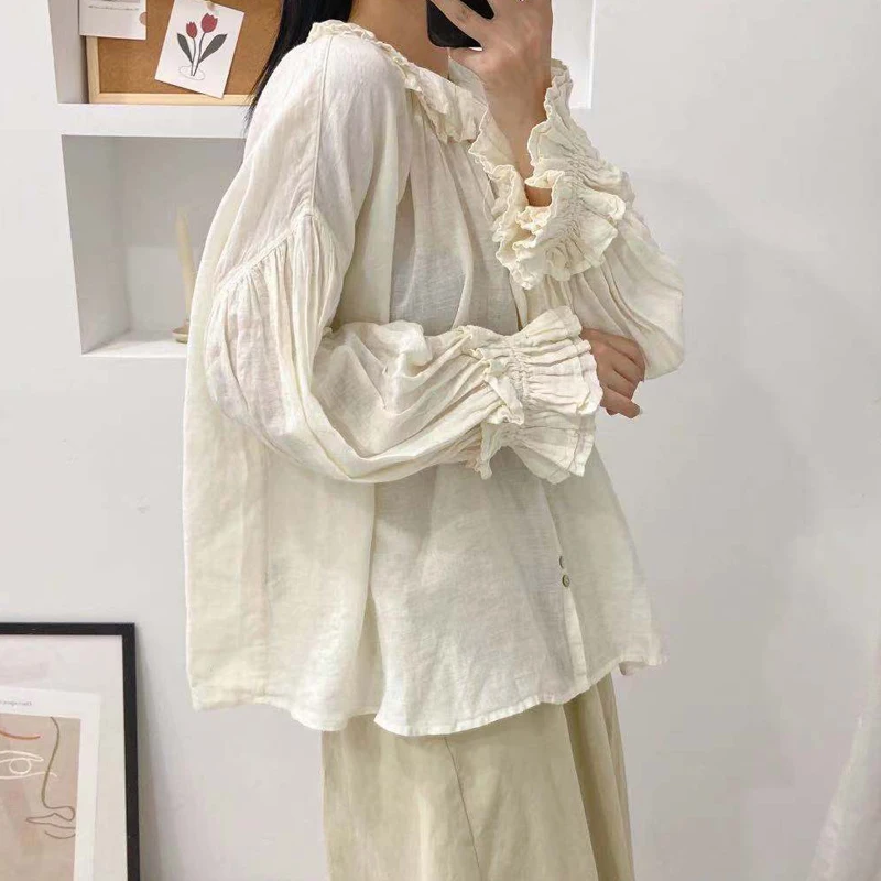 Женские Винтажные льняные блузки Johnature однотонные топы и в стиле мори на