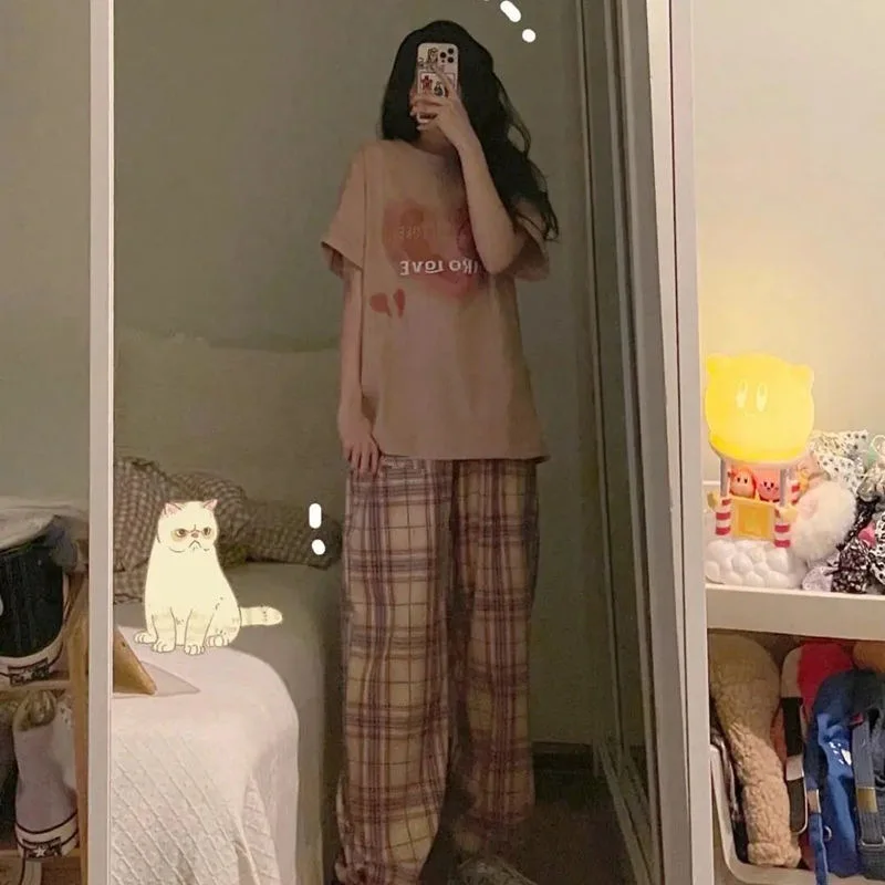 

Plaid Pants Women 2021 Pink High Waist Loose Casual Straight Wide Leg Pants Harajuku Hip Hop All-Match Trousers Streetwear Femme