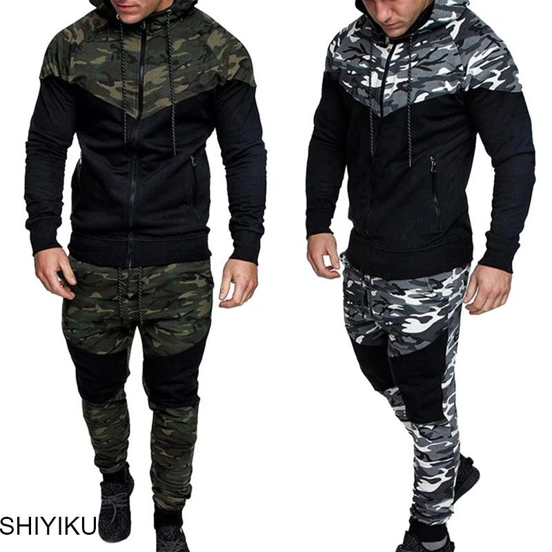 

SHIYIKU Brand Men's Casual Printing Camouflage Jacket + Pants 2-Piece Suit Sportswear Hoodie Sweatshirt And Pants Two-Piece Suit