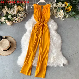 Женский комбинезон ALPHALMODA, однотонный повседневный комбинезон без рукавов, с лямкой через шею, с эластичным поясом, 2020