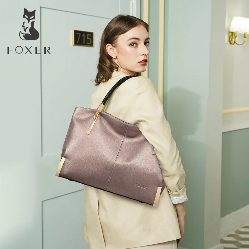 FOXER Брендовые женские сумки из коровьей кожи, женская сумка на плечо, дизайнерская роскошная женская сумка, Большая вместительная сумка на молнии для женщин