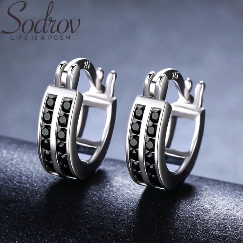 Женские серьги кольца из серебра 925 пробы с черной шпинелью|Серьги-кольца| |