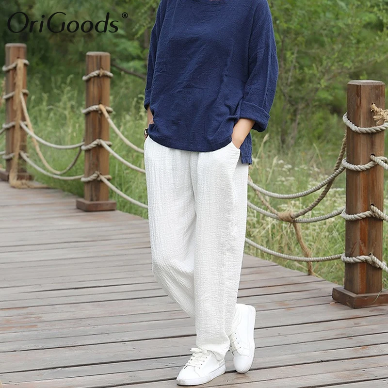 Женские свободные шаровары OriGoods повседневные однотонные красные и белые брюки