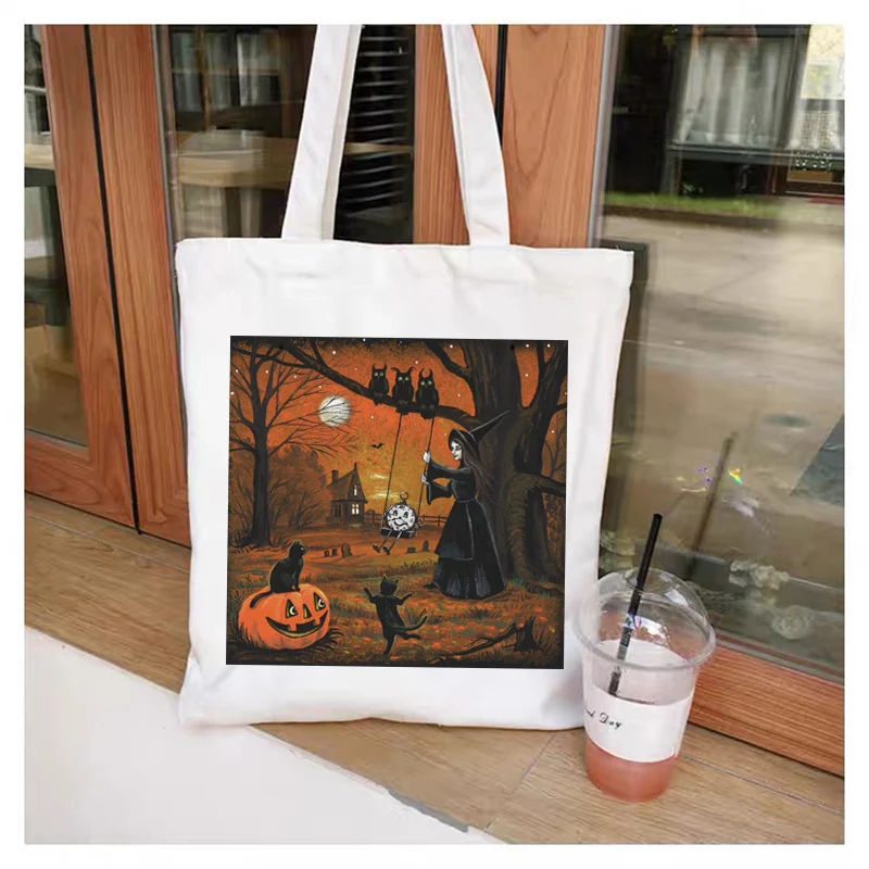 

Модная Рождественская сумка для покупок в стиле Харадзюку с тыквой, вместительная сумка, изысканный узор, Холщовая Сумка для покупок, сумка-...