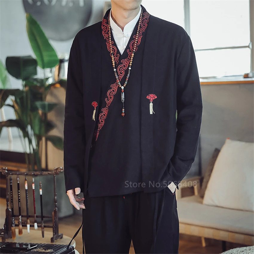 Кардиган кимоно мужской с вышивкой винтажное пальто в японском стиле модная