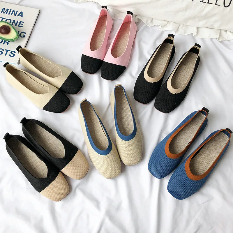 2020 Женская квадратная голова Flache Schuhe Atmungs Stricken Spitze Mischfarbe frauen Weiche Frauen Zapato de|Обувь
