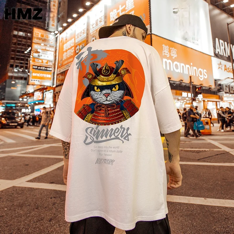 

HMZ Hip Hop Tees Chinese Style T-Shirt Harajuku Short Sleeve Loose Men T Shirt Casual Summer Samurai Cat Oversized Male Clothes