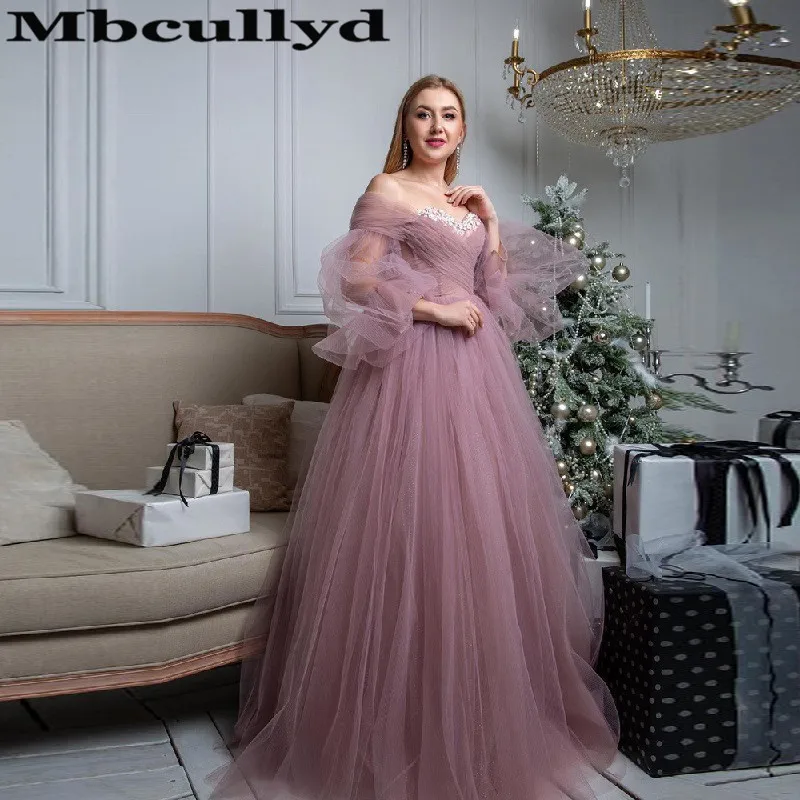 

Mbcullyd Elegant Tulle Evening Dresses With Long Sleeves 2023 Prom Party Gowns Sexy Off Shoulder vestidos de fiesta de noche