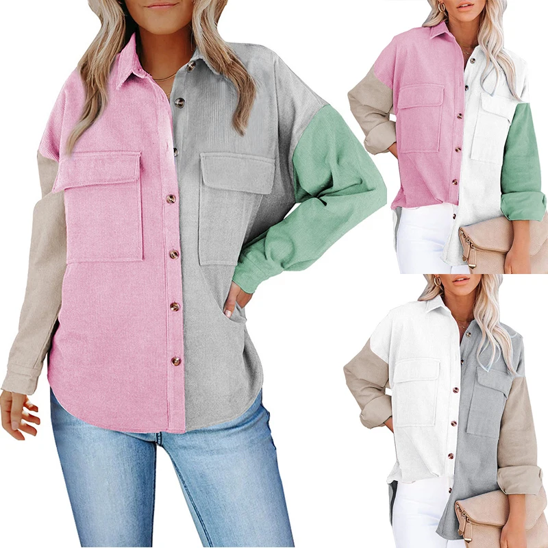 

Women Fashion Shirts Long Sleeve Elegant Casual Office Solid Color Tops Female Corduroy Fabric Single Breasted Turndown Blouses
