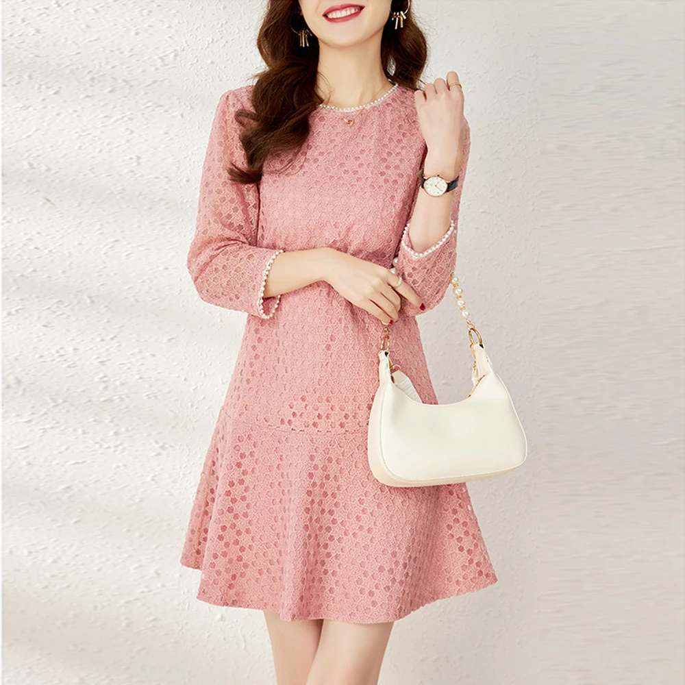 

Sweet Pink Mini Dresses 3/4 Sleeve Women Clothing Fall Casual Black Dress Korean Pearl Hollow Out Lace Dress Elegant vestidos 21