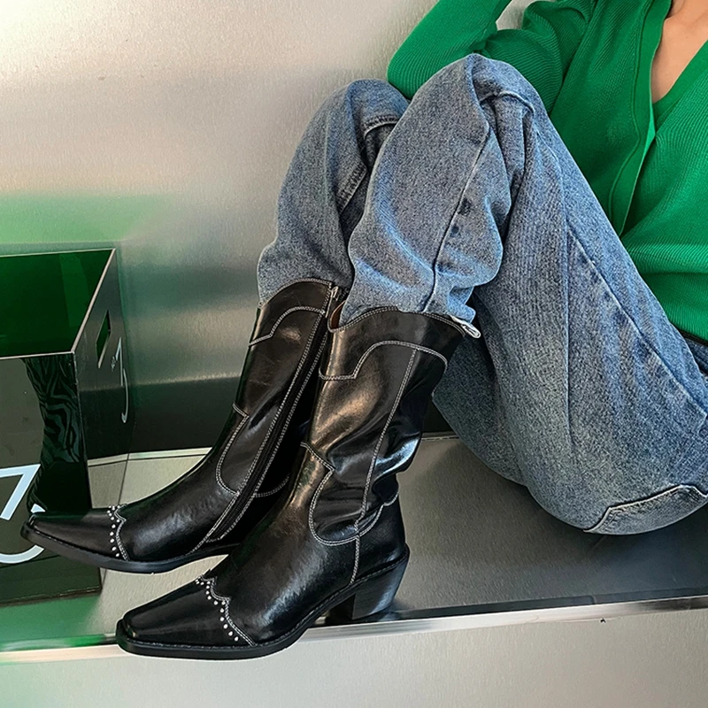 

2021 Fashion Women Boots Split Leather Chelsea Boots Fall Shoes for Women Pointed Toe Chunky Heel Winter Boots Women Rivet Boots