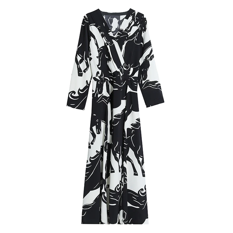 

DROWYD Chiffon Print Midi Dress Women New Fashion Girl Casual Black Boho Long Sleeve V-neck Dress Elegant Party Dresses Vestidos