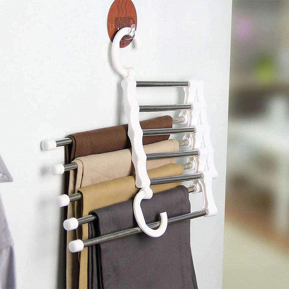

1pc Trouser Hangers Multi Functional 5 In 1 Folding Pants Clothes Rack Adjustable Pants Tie Storage Shelf Closet Organizer